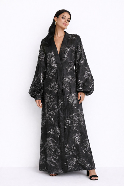 Marever Fashion Silk Brocade Black Silver Caftan Kimono
