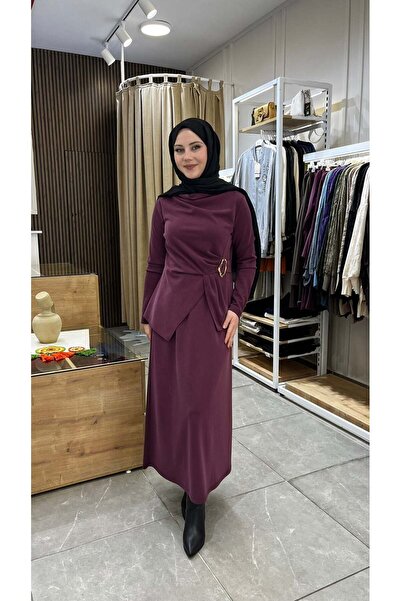 Nuss 1080 Gold Toka Detaylı Drapeli Balıkçı Yaka Etekli Takım Mürdüm