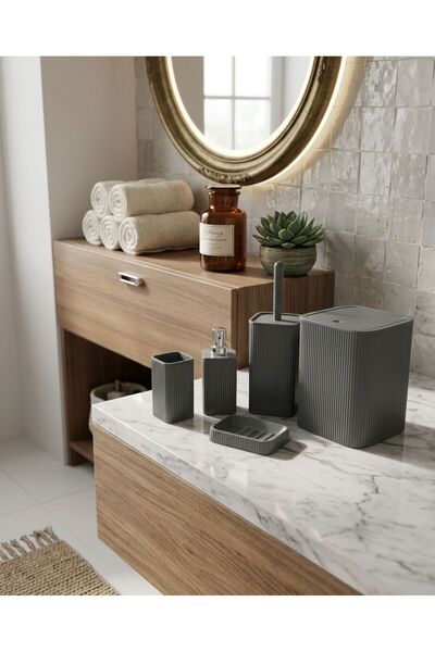 Line 5 Parça Kare Banyo Seti - Çöp Kovası WC Fırçası Sıvı-Katı Sabunluk Diş F...