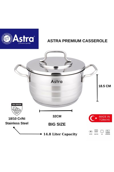 Astra 32cm Premium Stainless Steel Casserole Pot | 18/10 Cr-Ni Cooking Pot | Induction | Healthy Cooking