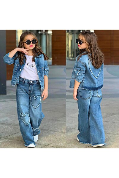 Prıme KIDS Girl's 3-Piece Denim Set with Heart Embroidered Jacket