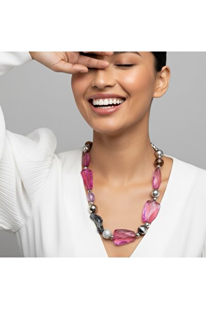 COCOSH TAKI Silver Detailed Multi Special Design Necklace with Pink Stones