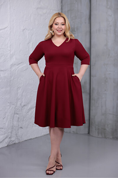 MAG FASHİON Plus Size Dress Burgundy V-Neck Pocketed Three Quarter Sleeve Mid...