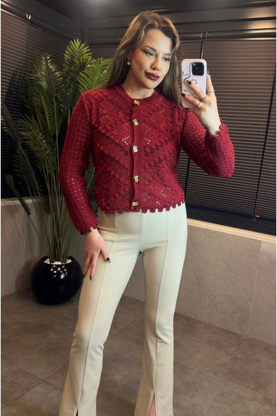 MİR STORE Kırmızı Ajurlu Kısa Örgü Hırka