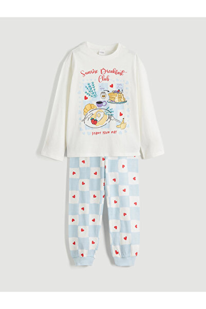 LC Waikiki LCW Kids Ekru Bisiklet Yaka Kız Çocuk Pijama Takımı
