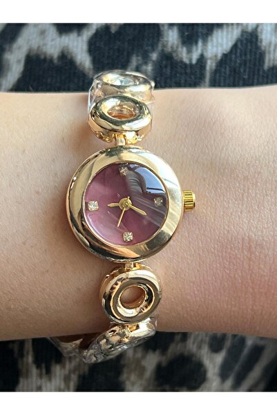 CESS JEWELRY Zarif Taş Detaylı Bordo Kadran Gold Kayış Kadın Kol Saati