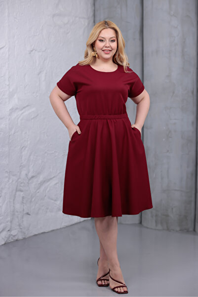 MAG FASHİON Burgundy Plus Size Dress with Elastic Waist Pocketed Batwing Slee...