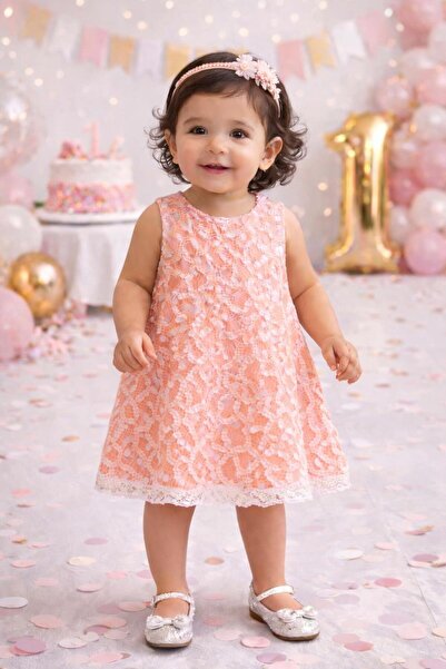 Kuzucuk Kids Bebek Çocuk Butik Kız Bebek Koyu Somon Simli Dantel Doğum Günü /...