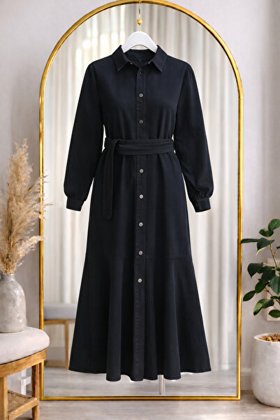 bellura Boydan Düğmeli Fırfırlı Kot Elbise