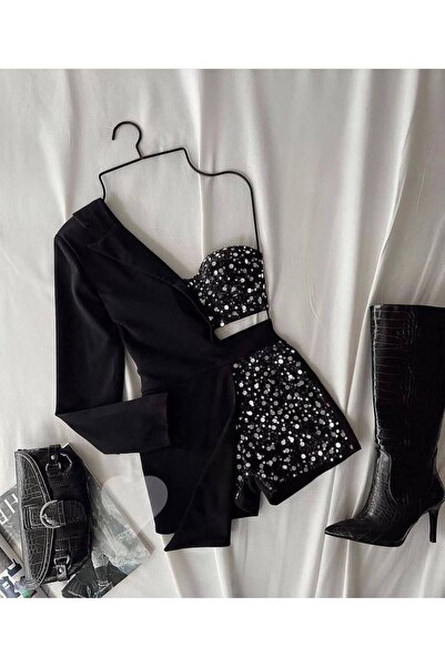 Elora Tek Omuz Dekolteli Taşlı Crop Model Ceket Şort Tulum