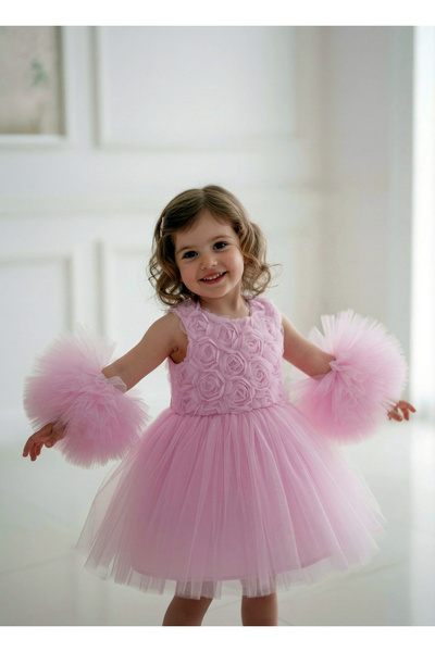 Delfini kids Pompom Sleeves Rose Patterned Tulle Party and Birthday Dress
