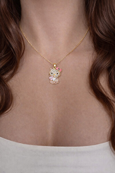 Sukugift Hello Kitty Taşlı Kolye Kadın – Gold Renk Zirkon Taşlı Cute Karakter...