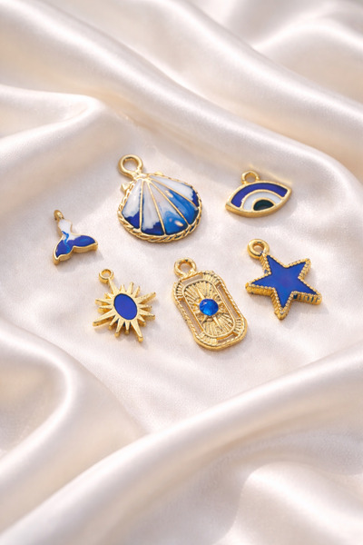 roshel 6 Adet Altın Kaplama Mavi Taşlı Mineli Kolye Ucu Charm (6 adet Halka G...