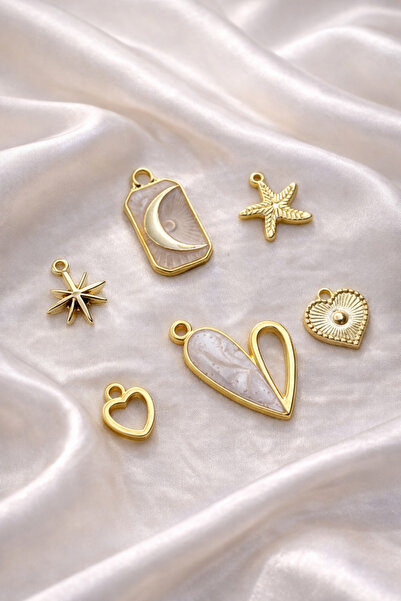 roshel 6 Adet Altın Kaplama Kolye Ucu Ay Temalı Charm (6 adet Çelik Halka Gön...