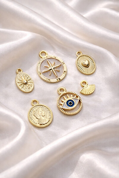 roshel 6 Adet Altın Kaplama Kolye Ucu Charm (6 adet Çelik Halka Gönderilmekte...