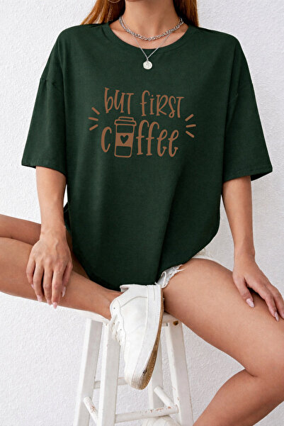 Trend Sizde Unisex Green Coffee Printed Crew Neck T-Shirt