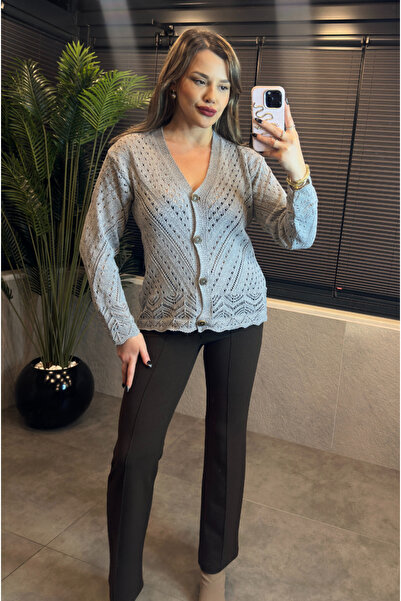 MİR STORE Gray Transitional Zigzag Patterned Openwork Knitted Cardigan