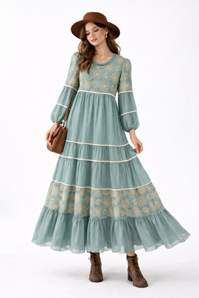 Ranasubaşı Lace Pearl Embroidered Layered Maxi Dress-Mint