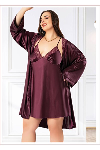 Viselya dantelă Set de halat și cămașă de noapte din satin, mărime mare, roșu...