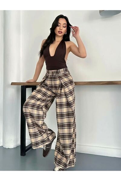 Nes Moda Pliseli Ekose Desenli Pantolon