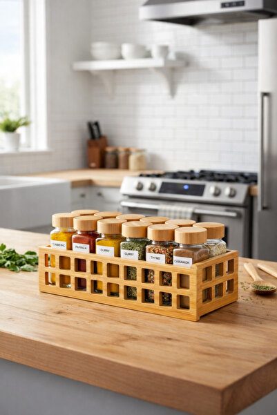Paşabahçe Bambu Standlı 12'li Bambu Kapaklı Etiket Hediyeli Kare Baharatlık K...