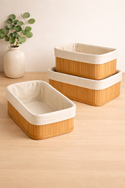 Nordhaus 3'lü Dikdörtgen Bambu Saklama Sepeti – Kumaş Kaplamalı Organizer Set