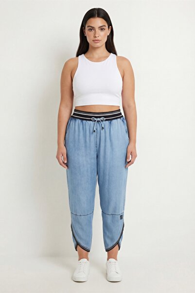 EXİTLİNE Women's Navy Blue Summer Drawstring Waist , Ribbed and Elastic Hem D...