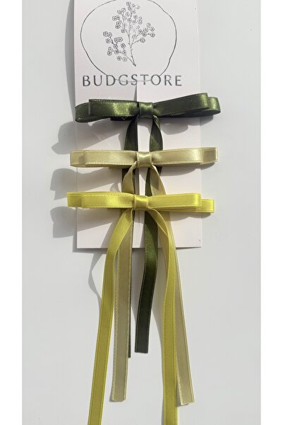 Budgstore 3’lü SATEN YEŞİL-SARI TONLARI FİYONK KURDELE TOKA VİNTAGE STİL