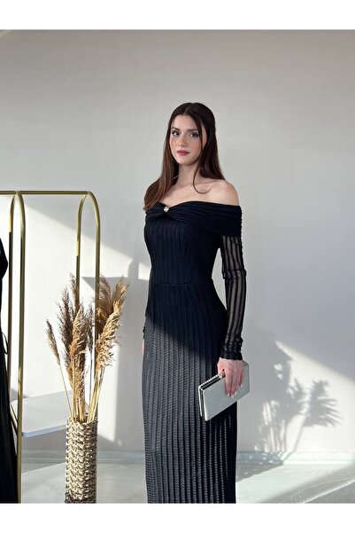 a lessa Kadın Omuz Dekolteli Uzun Kollu Abiye Şık Davet Elbisesi