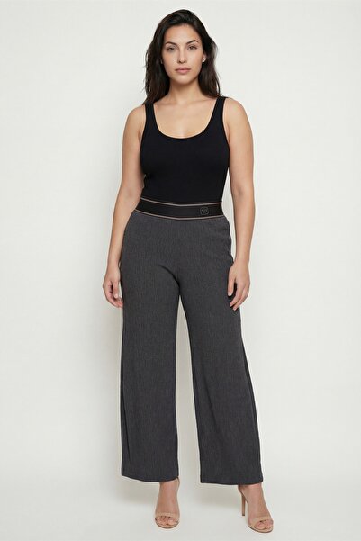 EXİTLİNE Women's Black Summer Pants with Ribbed Accessories and Wide-Leg Wais...