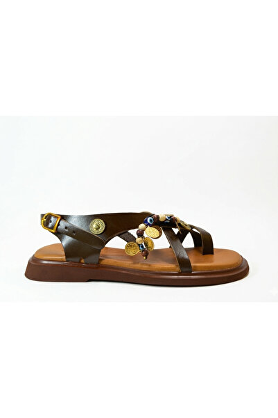 Beety 112.305 Genuine Leather Brown Beaded Women's Bodrum Sandals