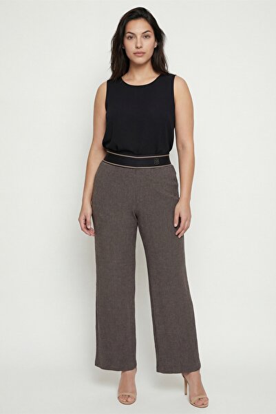 EXİTLİNE Women's Brown Summer Pants with Ribbed Accessories and Wide-Leg Wais...
