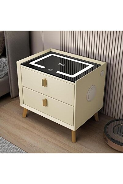 LEIHMANN Noptiera crem cu 2 sertare, blocare sertar cu , LED , USB, incarcato...