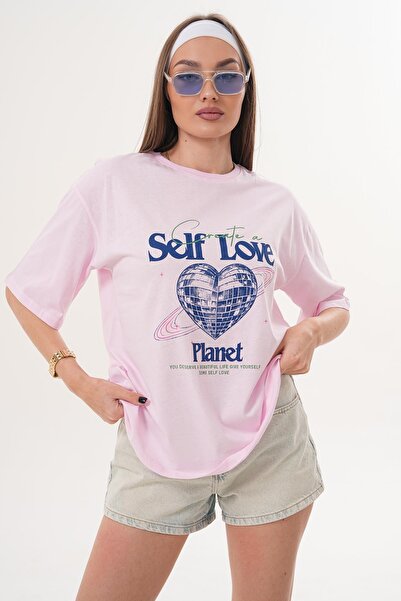 ŞİMAL تي شيرت نسائي كبير الحجم بياقة دائرية وتفاصيل مطبوعة 260258 -