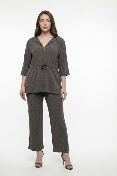 EXİTLİNE Women's Brown Summer Hoodie with Elastic Waist and Laces Top and Bot...