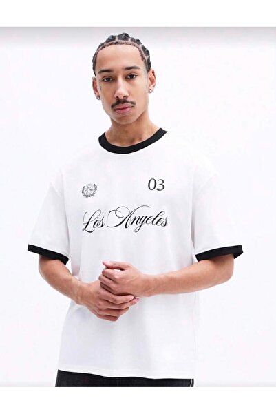 trendgar 03 Tricou alb supradimensionat cu imprimeu Los Angeles și detalii cu...