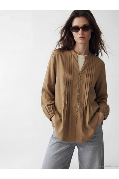 LC Waikiki Lcw Modest Brown Scoop Neck Pleated Blouse