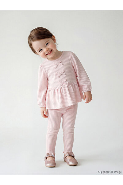 LC Waikiki Pink Crew Neck Bowknot Baby Girl Blouse and Leggings