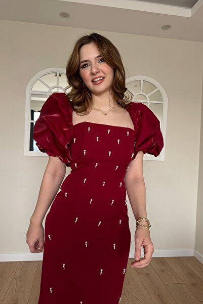 Empressco Kare Yaka Maxi Boy Taş Detaylı PERA Bordo Elbise