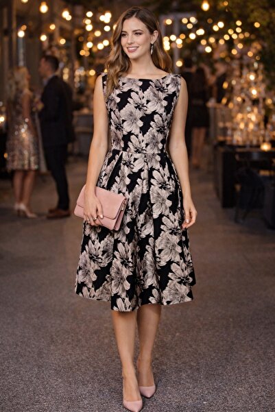 OEM Floral Printed Evening Dress with Bateau Neckline