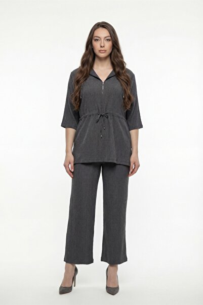 EXİTLİNE Women's Black Summer Elastic Waist Lace-Up Hoodie Top and Bottom Set