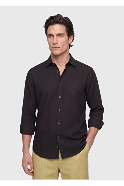 Ramsey Cămașă neagră, simplă, țesută, casual, 100% bumbac