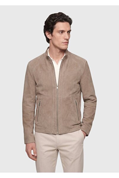 Ramsey Beige Regular Fit Mock Neck Casual Suede Leather Mont