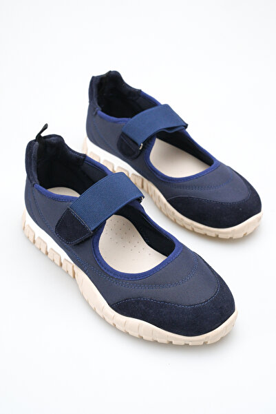 Ayakkabı Delisiyim Navy Blue Real Genuine Leather Women's Sandals Shoes Velcr...