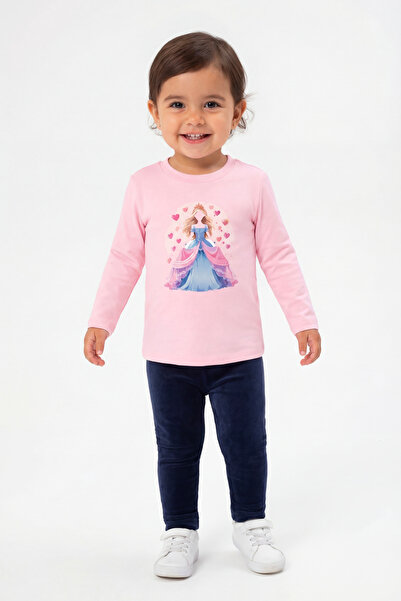 Mavipink Kız Bebek Prenses Baskılı Pamuklu Uzun Kol Tişört ve Fransız Kadife ...
