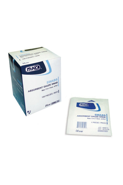 Max مسحات شاش معقمة، 8 طبقات، 7.5 سم × 7.5 سم، 100 قطعة/علبة