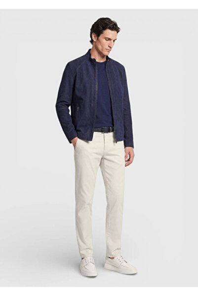 Ramsey Navy Blue Regular Fit Stand Collar Casual Suede Leather Coat