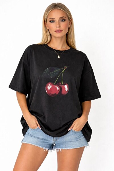 trendgar Crna trešnja Štampano Oversize kroj T-shirt