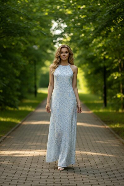 Mossta Με σχέδιο λαιμόκοψη halter Καθημερινό Φόρεμα Maxi Μονό ζέρσεϊ - Μπλε