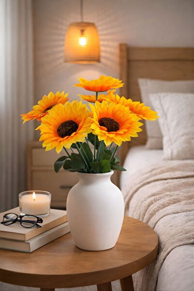 BUSERİSE 1 Adet 5 Dallı Yapay Turuncu Ayçiçeği Günebakan – Dekoratif Çiçek, S...